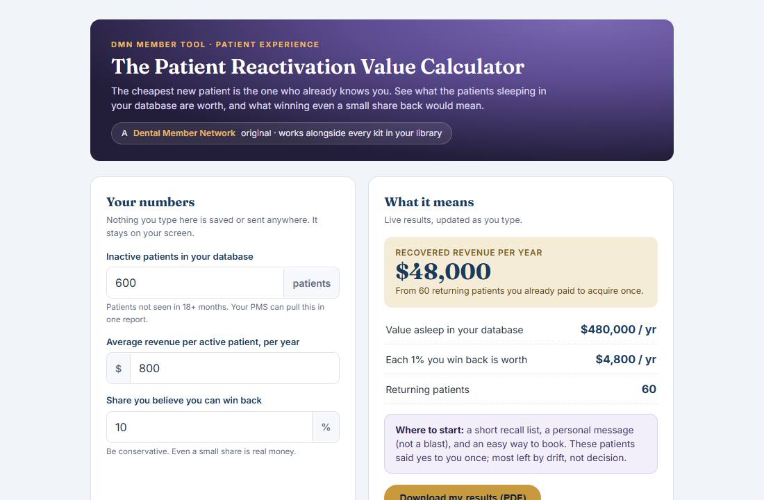 Preview of the Patient Reactivation Value Calculator